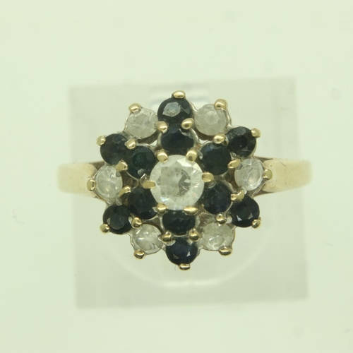 16 - 9ct gold cluster ring set with sapphires and cubic zirconia, size P/Q, 2.2g. UK P&P Group 0 (£6+VAT ... 