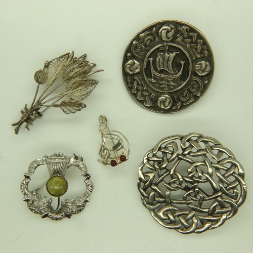 23 - Four 925 silver brooches and a pewter example. UK P&P Group 1 (£16+VAT for the first lot and £2+VAT ... 