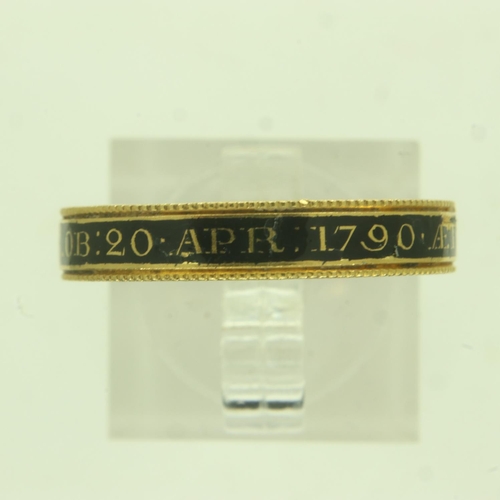 26 - Georgian enamelled 22ct gold mourning band, George Prescot Esquire died aged 78, 1790, size R, 4.7g.... 