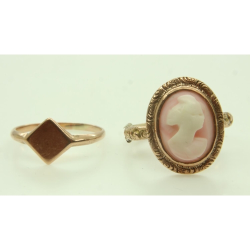 41 - 9ct gold cameo ring and a small signet ring, 3.6g. UK P&P Group 0 (£6+VAT for the first lot and £1+V... 