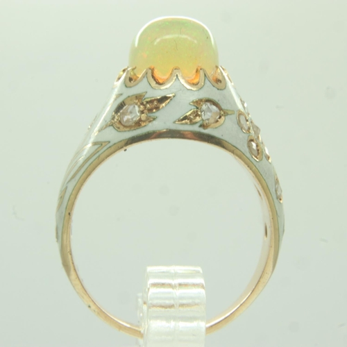 43 - 18ct gold enamelled ring, set with rose cut diamonds and a large cabochon opal, size N, unmarked, 7.... 