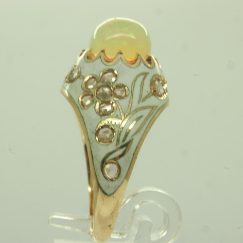 43 - 18ct gold enamelled ring, set with rose cut diamonds and a large cabochon opal, size N, unmarked, 7.... 