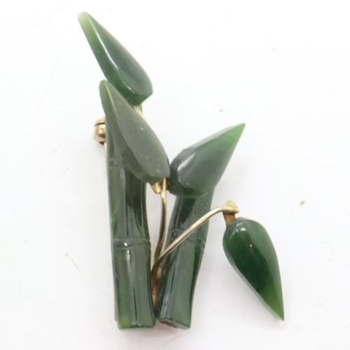62 - Yellow metal mounted jade panel brooch in the form of a bamboo plant, H: 50 mm. UK P&P Group 1 (£16+... 