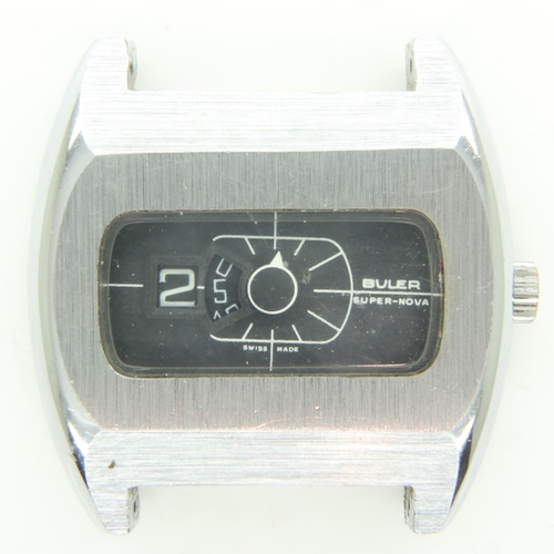 72 - BULER: Supernova jumphour steel cased gents wristwatch head, not working at lotting, ticks for five ... 