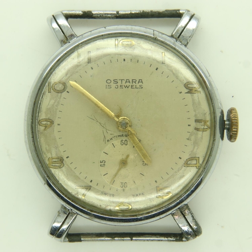 74 - OSTARA: gents chromium cased wristwatch head, manual wind with subsidiary seconds dial, working at l... 