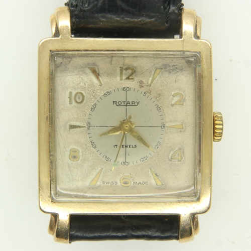 76 - ROTARY: 9ct gold cased gents wristwatch, 17 jewel movement, square dial on black leather strap, no w... 