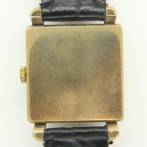 76 - ROTARY: 9ct gold cased gents wristwatch, 17 jewel movement, square dial on black leather strap, no w... 