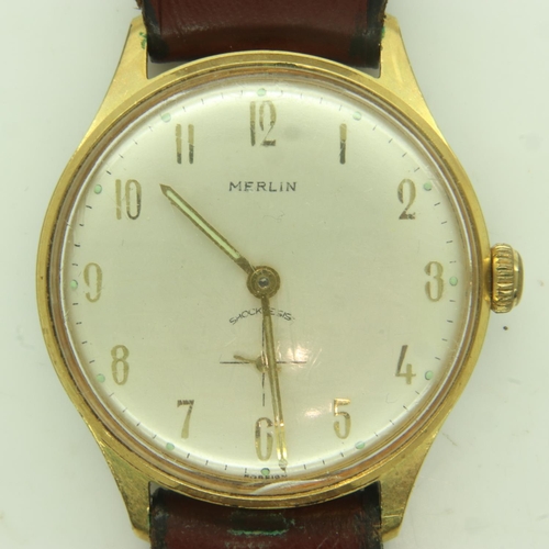 78 - MERLIN: gents gold plated manual wind wristwatch, silvered dial with subsidiary seconds dial, workin... 