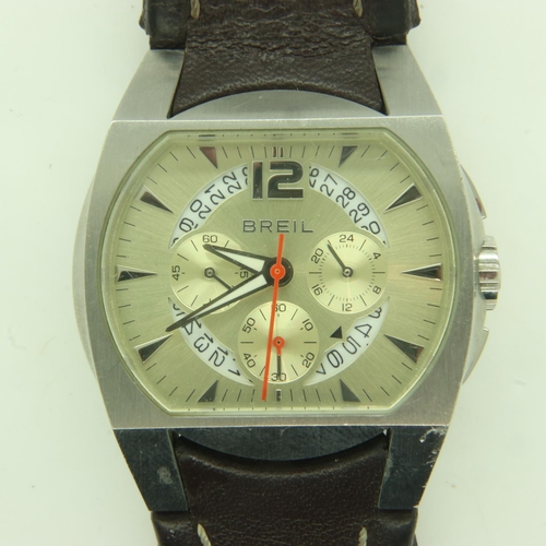 82 - BREIL: gents steel cased dress watch, leather strap with deployment clasp, requires battery, leather... 