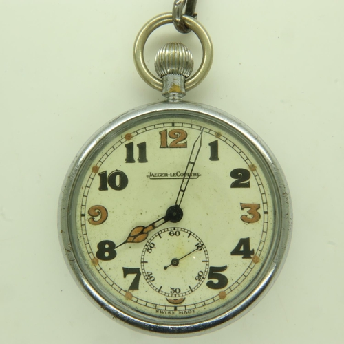 85 - JAEGER LE COULTRE: WWII officers military issue chromium cased crown-winding pocket watch, with lumi... 