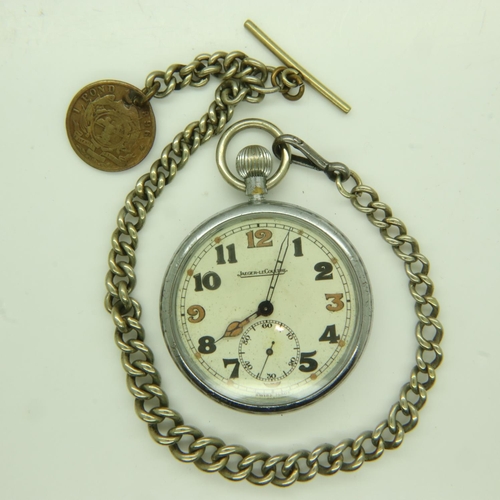 85 - JAEGER LE COULTRE: WWII officers military issue chromium cased crown-winding pocket watch, with lumi... 