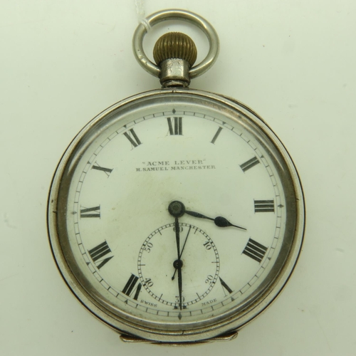 87 - H SAMUELS (Manchester): 925 silver cased open faced crown wind pocket watch, Acme Lever, with subsid... 