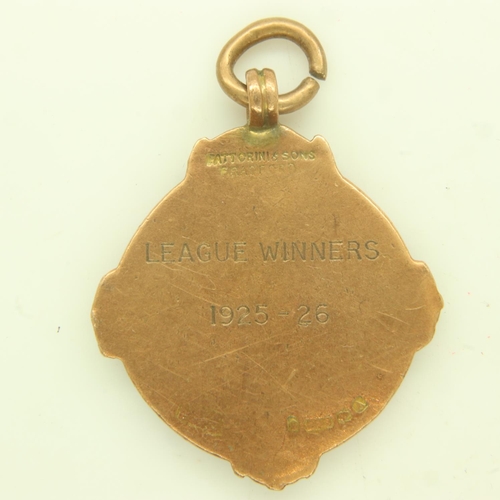 92 - Enamelled 9ct gold Runcorn and District Amateur Football League Winners 1925-1926 medallic fob, 6.6g... 