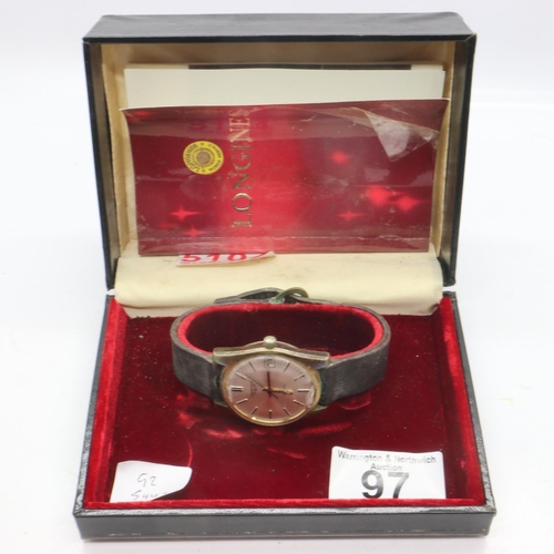 97 - LONGINES: gents Admiral HF wristwatch with box and papers, working at lotting. UK P&P Group 1 (£16+V... 