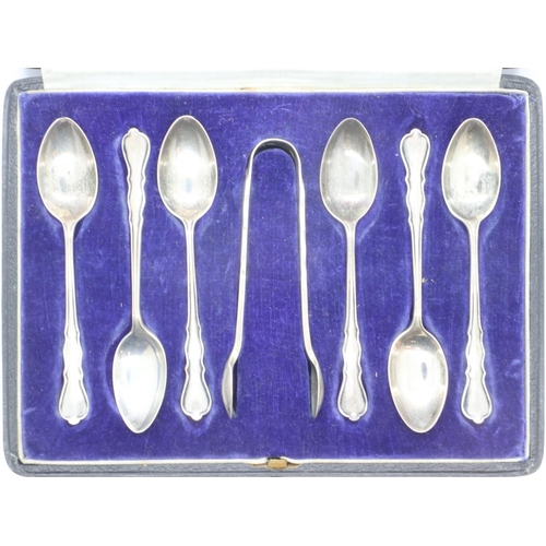101 - London hallmarked silver set of six silver teaspoons with sugar tongs, combined 70g, within a fitted... 