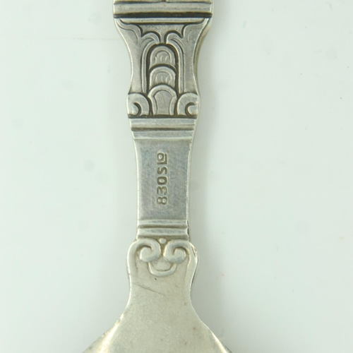 102 - Scandinavian 830 silver presentation spoon, the grip in the form of a Norseman holding a sword and o... 
