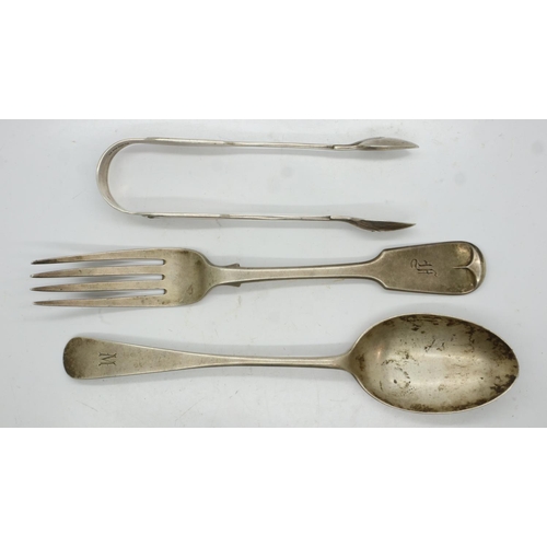 104 - A Victorian Irish silver dinner fork, a further hallmarked silver dessert spoon and a pair of Victor... 