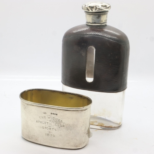 113 - Victorian leather-bound hallmarked hip flask with hallmarked silver cup by Brockwell & Son, inscribe... 