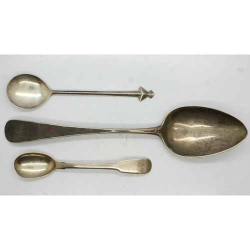 122 - Georgian hallmarked silver tablespoon, Georgian silver condiment spoon and a further hallmarked silv... 