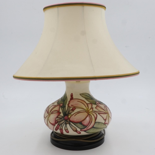 184 - Moorcroft Frangipani pattern bulbous table lamp, with shade, no cracks or chips, H: 19 cm to top of ... 