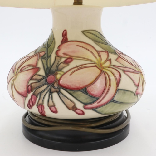 184 - Moorcroft Frangipani pattern bulbous table lamp, with shade, no cracks or chips, H: 19 cm to top of ... 