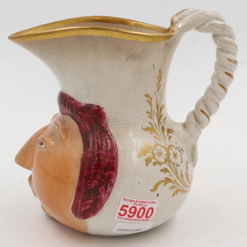 207 - A Victorian character jug, likely by Tunstall, with gilt highlights, H: 21 cm, crazing throughout, s... 