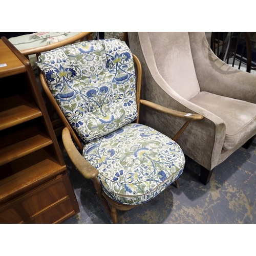 1790E - Oak wooden turned lounge chair with upholstered patterned cushioned seat and back. Not available for... 