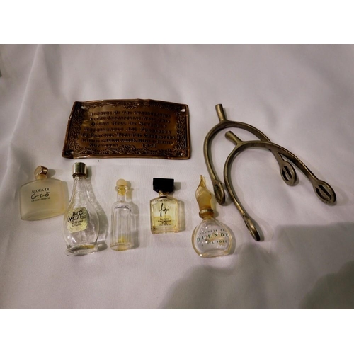 1176 - Brass Interfering With Organ sign six miniature perfume bottles and two stirrups. UK P&P Group 2 (£2... 