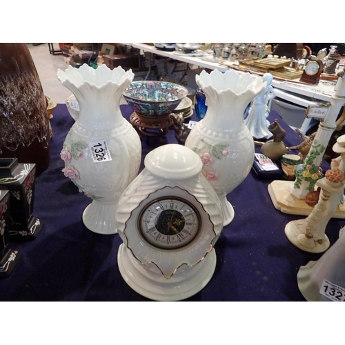 1326 - Pair of Belleek floral encrusted vases and a clock, largest H: 30 cm. Not available for in-house P&P