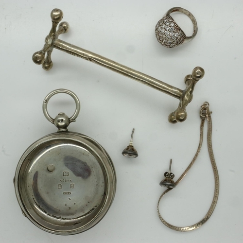 118 - Mixed silver, including a pocket watch case, stone set jewellery and a knife rest, combined 75g. UK ... 