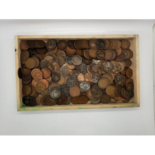 1227 - Large quantity of bronze UK coins on wooden tray. Not available for in-house P&P