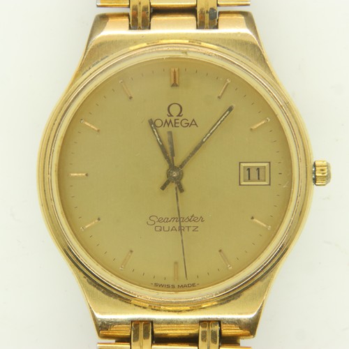 98 - OMEGA: Seamaster gents quartz gold plated wristwatch with date aperture, working at lotting but will... 