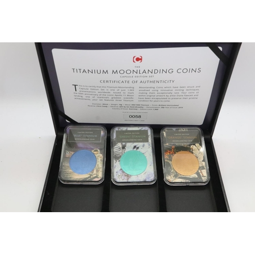 2002 - 3 coin Titanium coin set of moon landings, slabbed and boxed with certificate. UK P&P Group 1 (£16+V... 
