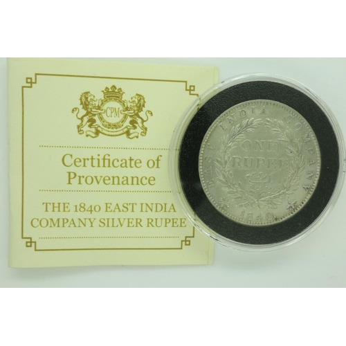 2007 - 1840 - Silver Indian Rupee of Queen Victoria in presentation box.  UK P&P Group 1 (£16+VAT for the f... 