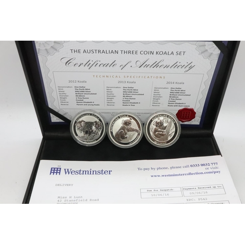 2008 - 3 coin bullion Australian Koala Dollars in presentation box. UK P&P Group 1 (£16+VAT for the first l... 