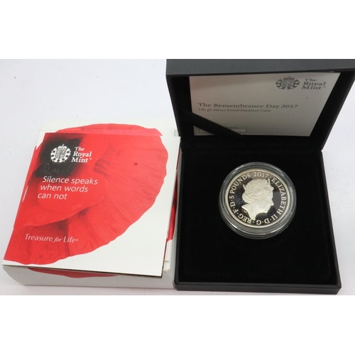 2010 - 2017 - Silver proof Remembrance day piedfort £5 coin, boxed. UK P&P Group 1 (£16+VAT for the first l... 