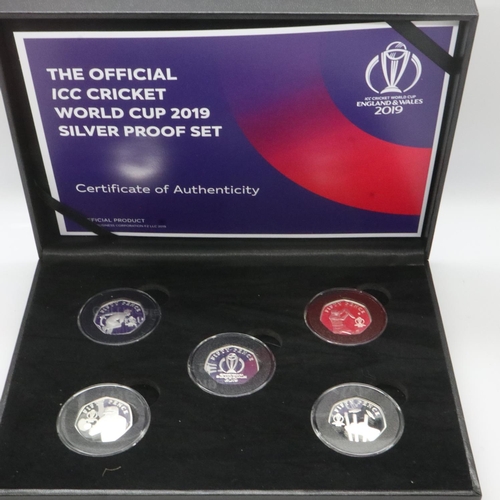 2013 - 2019 - 5 coin 50p silver proof cricket world cup set, boxed with certificate. UK P&P Group 1 (£16+VA... 
