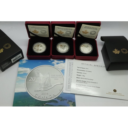 2017 - 4 mixed Canadian silver dollar collection, 3 boxed with certificates.  UK P&P Group 1 (£16+VAT for t... 