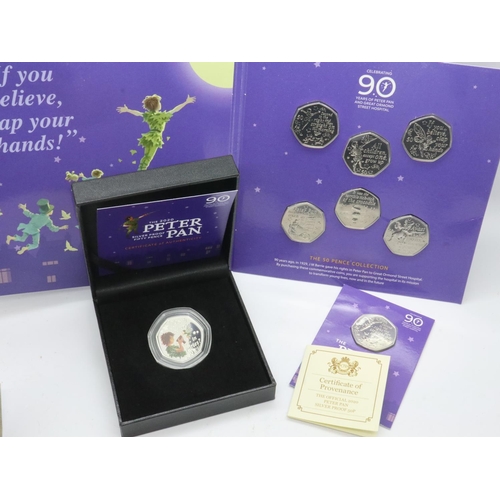 2025 - Peter Pan 6 coin 50p presentation set with a further 2020 50p silver proof 50p of Peter Pan. UK P&P ... 