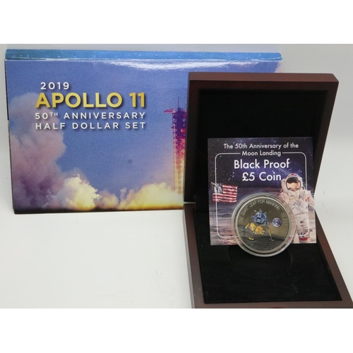 2028 - Moon landing commemoratives - 50th anniversary £5 black proof and 2019 Apollo 11 half Dollar set.  U... 