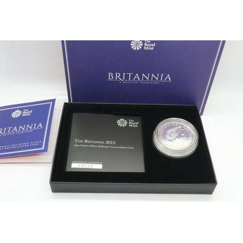 2032 - 2015 - silver bullion 1 ounce Britannia, boxed. UK P&P Group 1 (£16+VAT for the first lot and £2+VAT... 