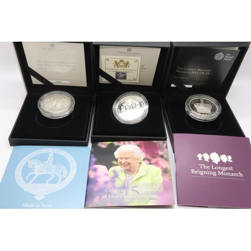 2035 - 2015, 2021 and 2022 silver proof £5 coins, boxed. UK P&P Group 1 (£16+VAT for the first lot and £2+V... 