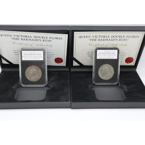 2036 - 1889 and 1890 silver double florins of queen Victoria, boxed. UK P&P Group 1 (£16+VAT for the first ... 