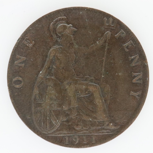 2151 - 1911 penny of George V with ghosting - gVF. UK P&P Group 0 (£6+VAT for the first lot and £1+VAT for ... 