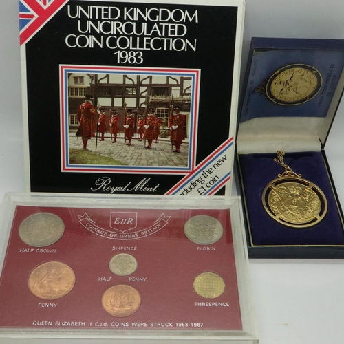 2185 - 1983 uncirculated set, pre decimal coin set and a mounted crown in box. UK P&P Group 1 (£16+VAT for ... 