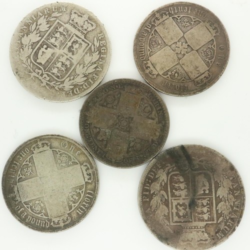 2196 - Five silver coins of Queen Victoria, one florin and half crown - mixed grades. UK P&P Group 0 (£6+VA... 