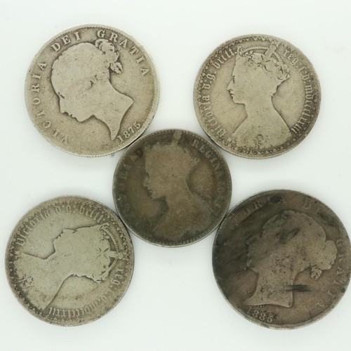 2196 - Five silver coins of Queen Victoria, one florin and half crown - mixed grades. UK P&P Group 0 (£6+VA... 