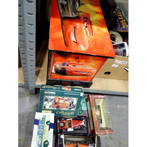 1017 - Disney Pixar 'Cars' wooden storage box with car contents, 60 x 30cm H. Not available for in-house P&... 