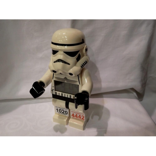 1020 - Lego Star Wars Stormtrooper digital battery alarm clock. Not available for in-house P&P