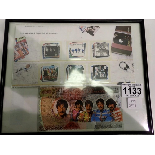 1133 - Framed Beatles £50 note and stamps with other mixed coins, some framed. UK P&P Group 2 (£20+VAT for ... 